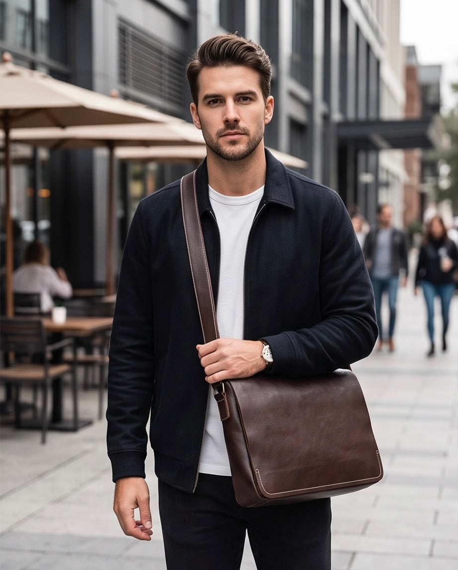 Q-TITAN Full-Grain Leather Messenger Bag – 15.6" Laptop, Crossbody Satchel, Work & Travel