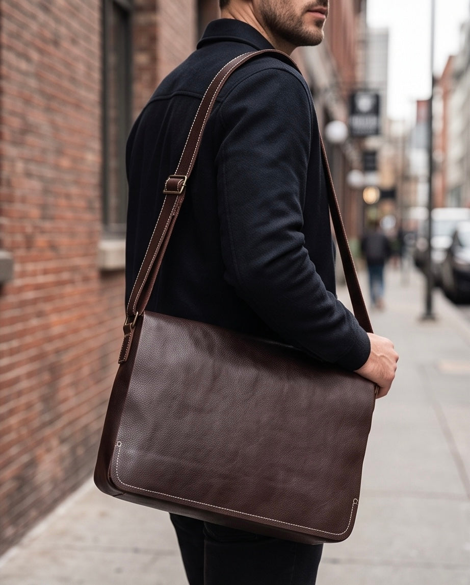 Q-TITAN Full-Grain Leather Messenger Bag – 15.6" Laptop, Crossbody Satchel, Work & Travel
