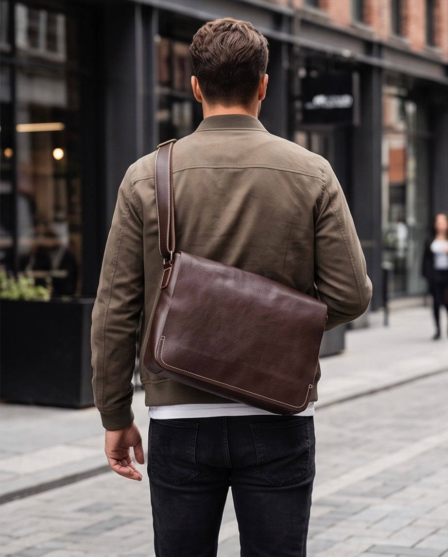Q-TITAN Full-Grain Leather Messenger Bag – 15.6" Laptop, Crossbody Satchel, Work & Travel