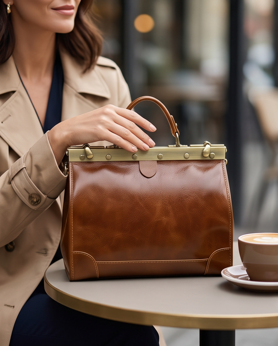 Q-VALMORA Executive Full-Grain Leather Work Bag for Women – Hinge Lock, Tablet Fit, Convertible