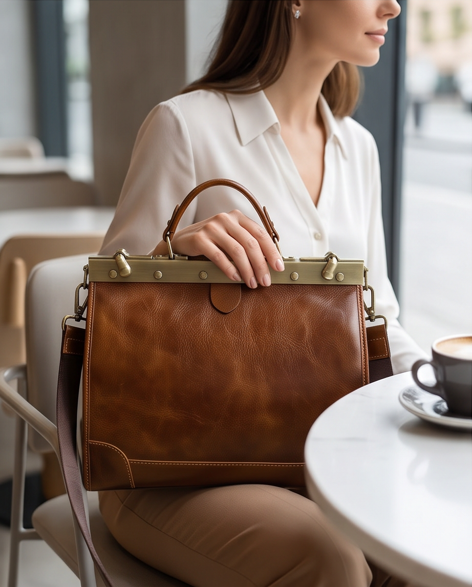 Q-VALMORA Executive Full-Grain Leather Work Bag for Women – Hinge Lock, Tablet Fit, Convertible