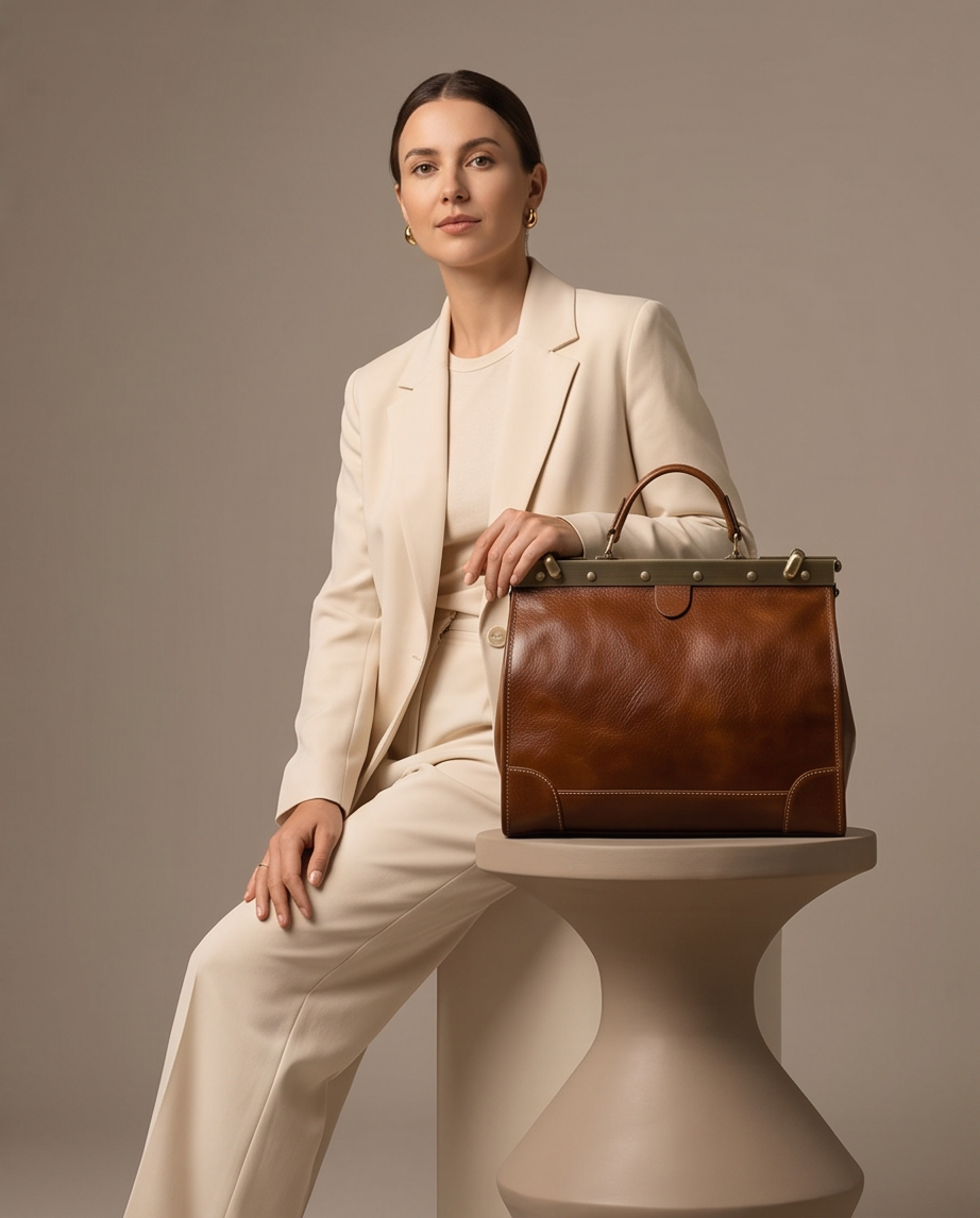 Q-VALMORA Executive Full-Grain Leather Work Bag for Women – Hinge Lock, Tablet Fit, Convertible