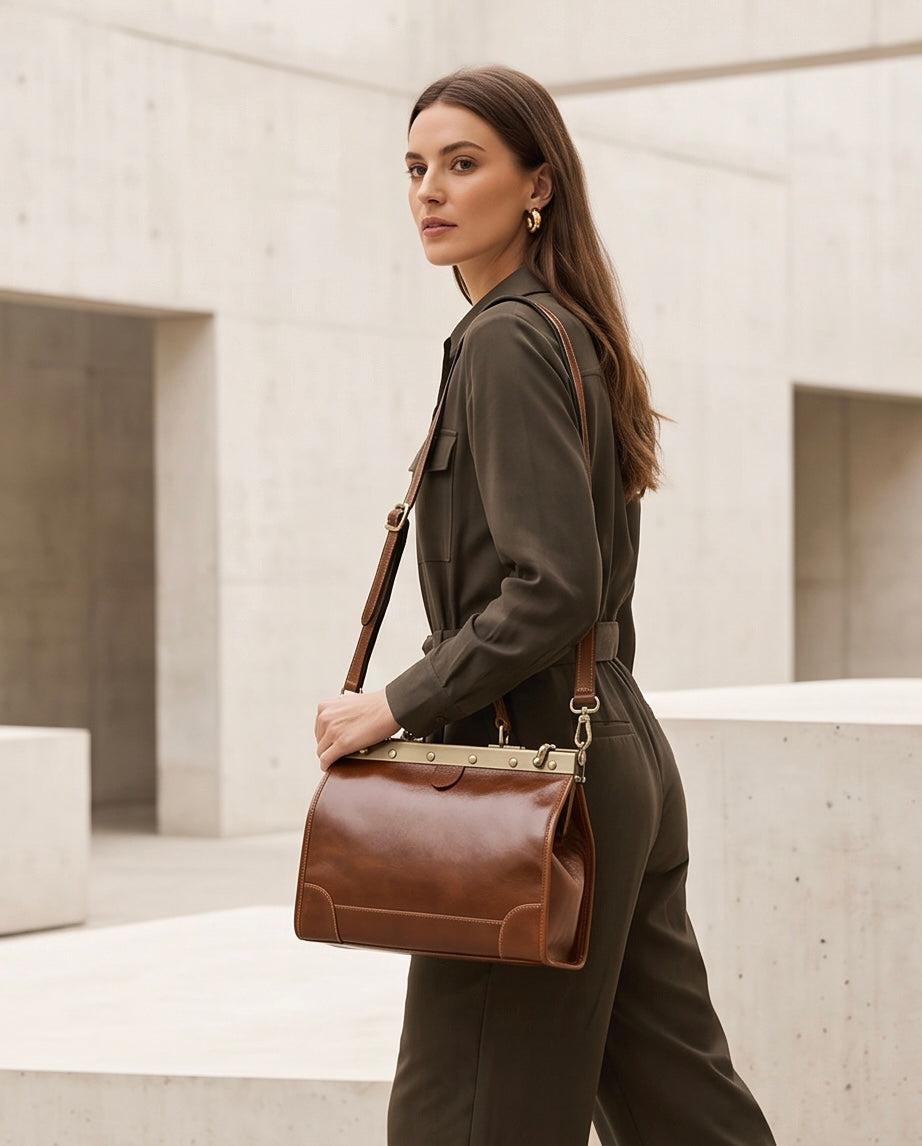 Q-VALMORA Executive Full-Grain Leather Work Bag for Women – Hinge Lock, Tablet Fit, Convertible