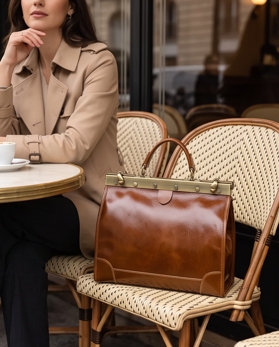 Q-VALMORA Executive Full-Grain Leather Work Bag for Women – Hinge Lock, Tablet Fit, Convertible