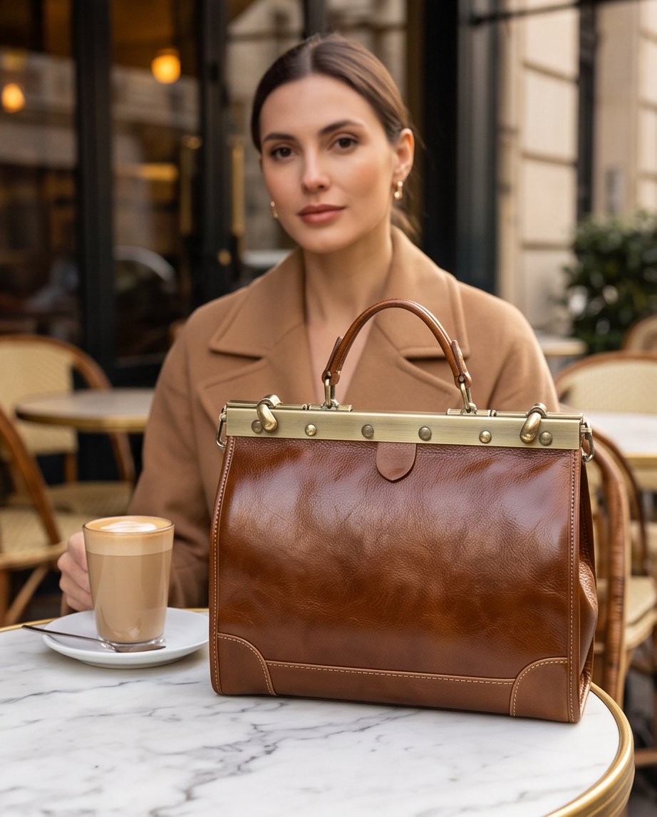 Q-VALMORA Executive Full-Grain Leather Work Bag for Women – Hinge Lock, Tablet Fit, Convertible