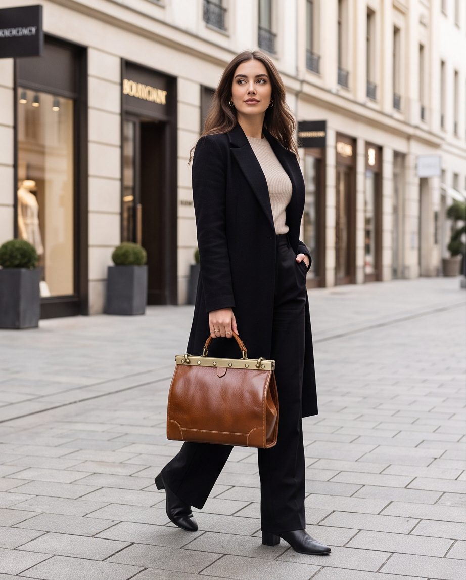 Q-VALMORA Executive Full-Grain Leather Work Bag for Women – Hinge Lock, Tablet Fit, Convertible