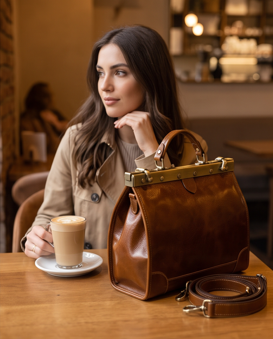 Q-VALMORA Executive Full-Grain Leather Work Bag for Women – Hinge Lock, Tablet Fit, Convertible