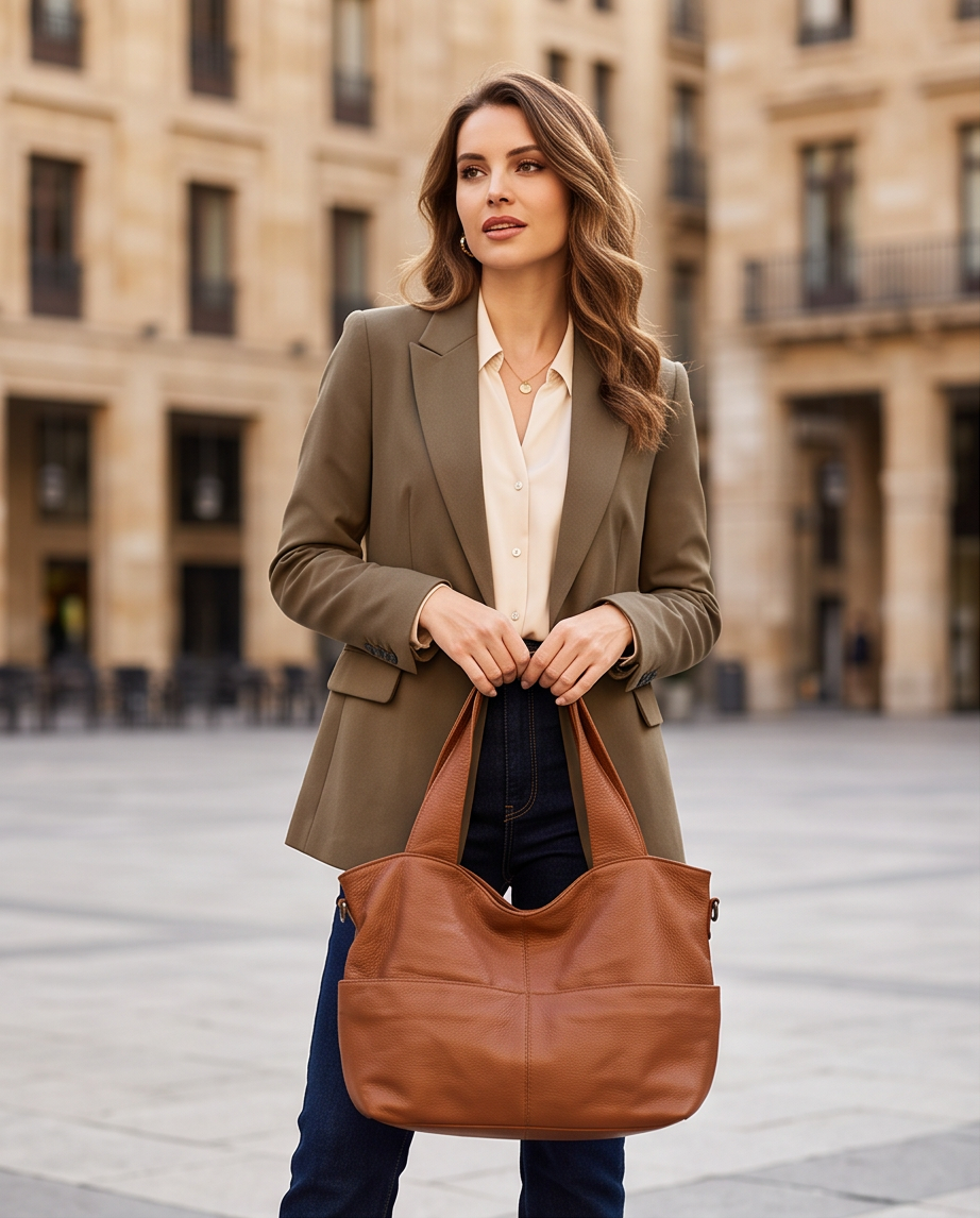 Q-CARAMIA Full-Grain Leather Shoulder Bag for Women – 4 Zip Pockets, Crossbody & Top Handle