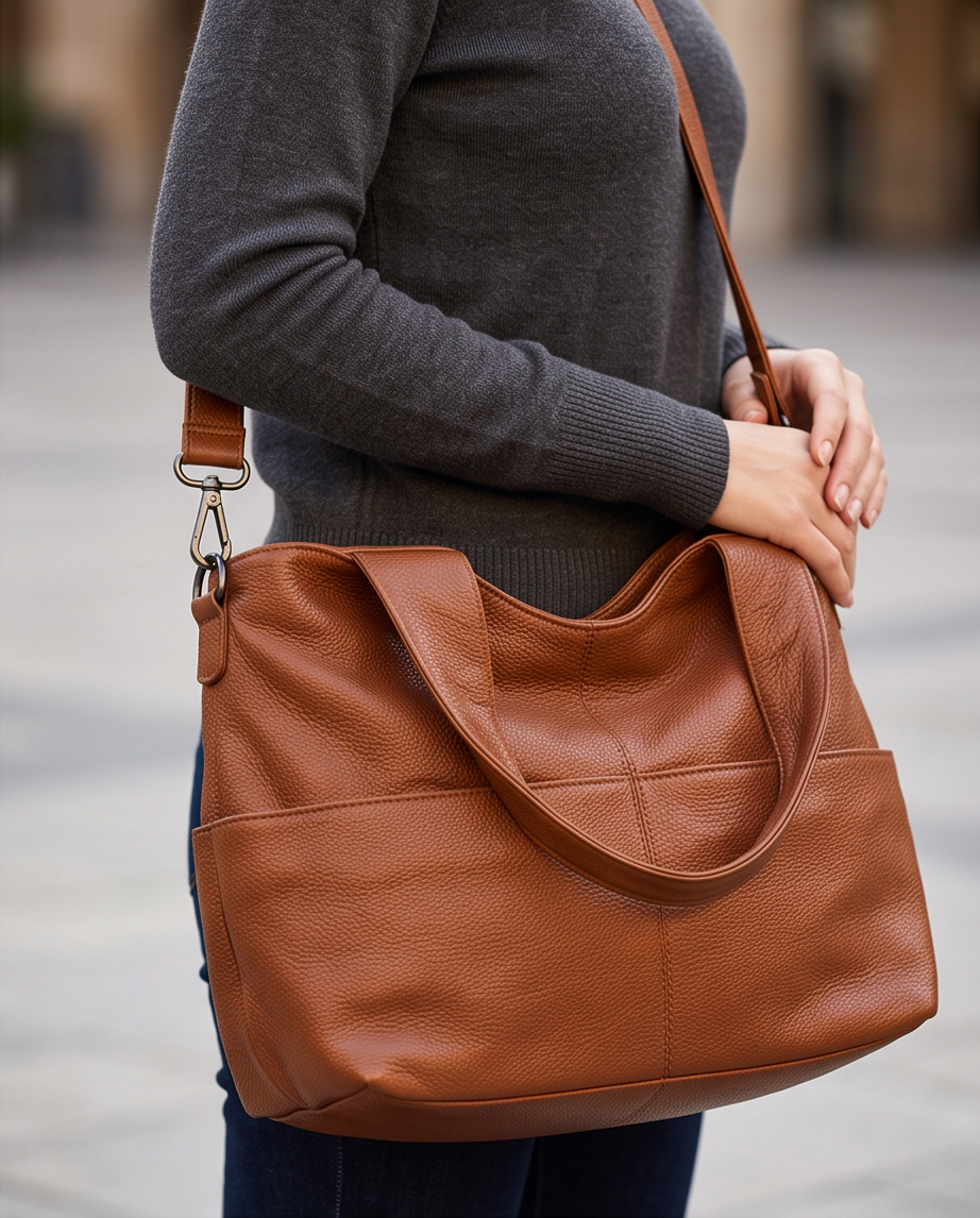 Q-CARAMIA Full-Grain Leather Shoulder Bag for Women – 4 Zip Pockets, Crossbody & Top Handle