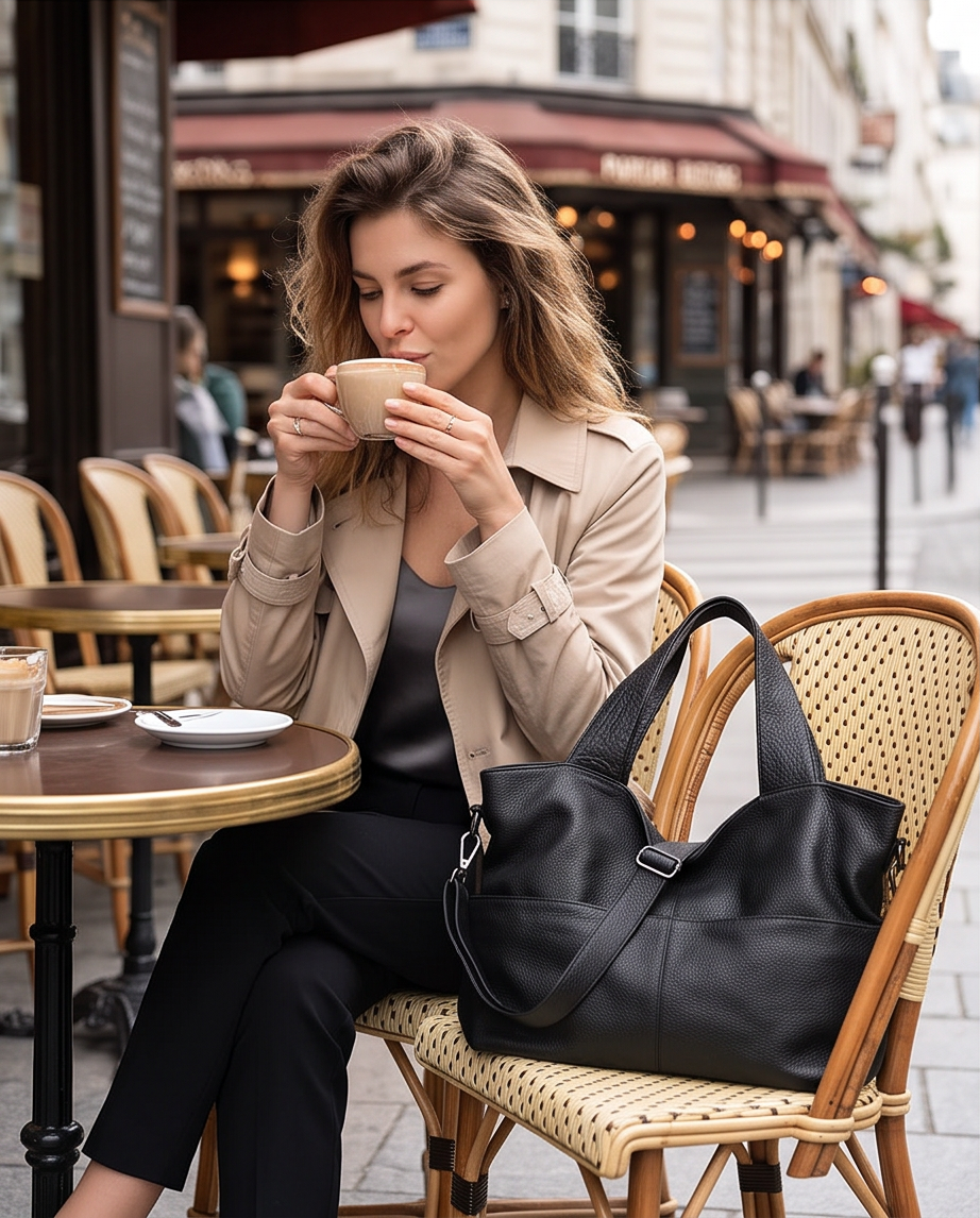 Q-CARAMIA Full-Grain Leather Shoulder Bag for Women – 4 Zip Pockets, Crossbody & Top Handle