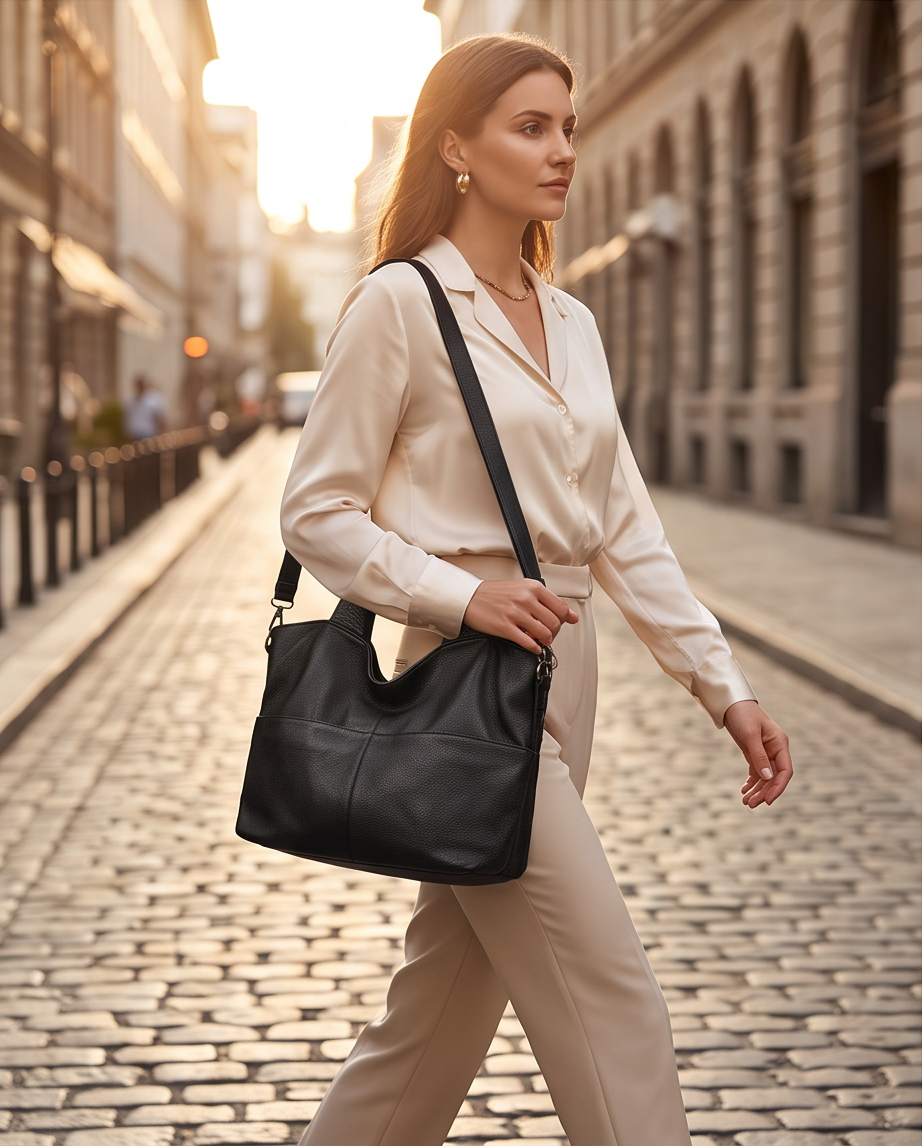 Q-CARAMIA Full-Grain Leather Shoulder Bag for Women – 4 Zip Pockets, Crossbody & Top Handle