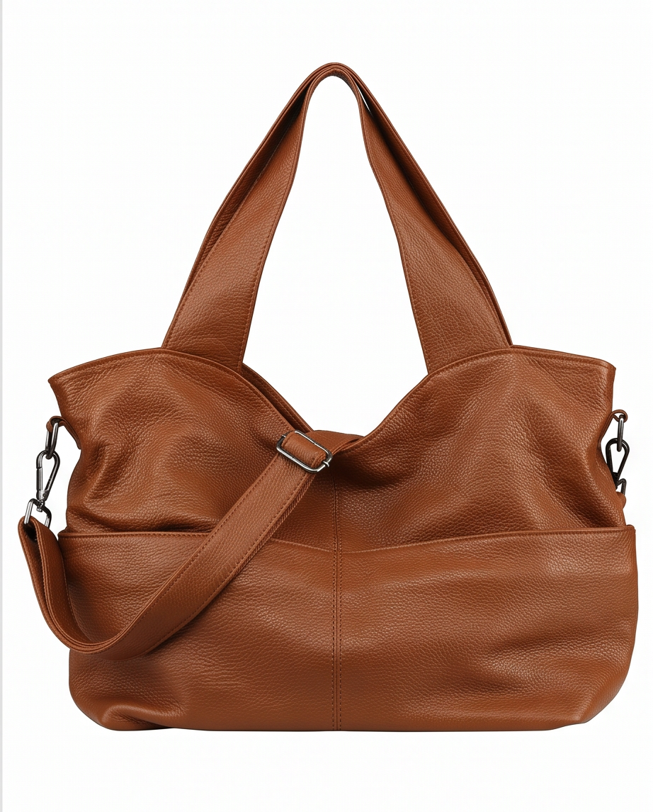 Q-CARAMIA Full-Grain Leather Shoulder Bag for Women – 4 Zip Pockets, Crossbody & Top Handle