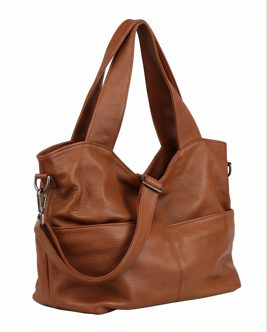 Q-CARAMIA Full-Grain Leather Shoulder Bag for Women – 4 Zip Pockets, Crossbody & Top Handle