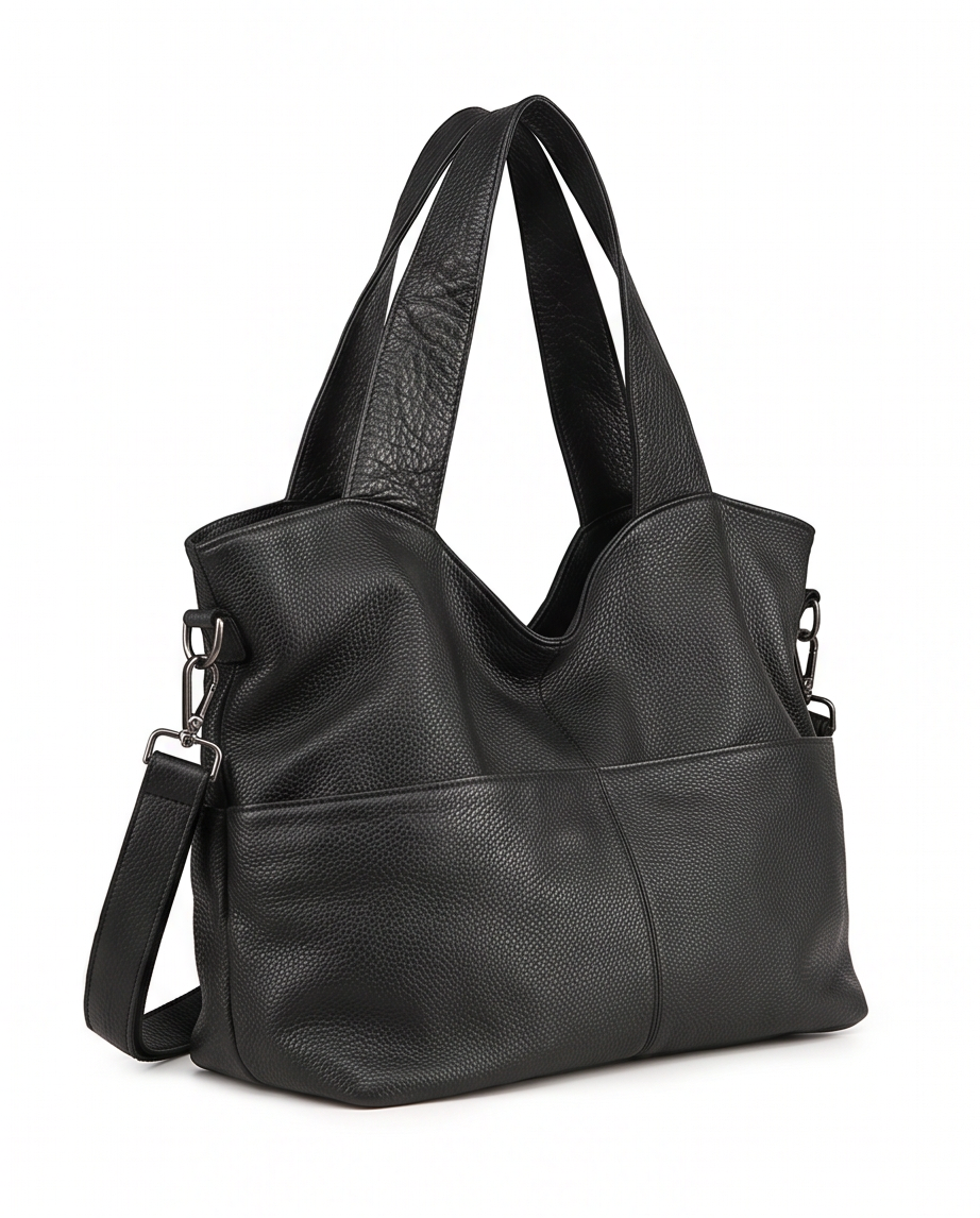 Q-CARAMIA Full-Grain Leather Shoulder Bag for Women – 4 Zip Pockets, Crossbody & Top Handle