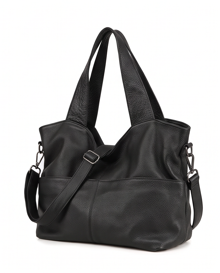 Q-CARAMIA Full-Grain Leather Shoulder Bag for Women – 4 Zip Pockets, Crossbody & Top Handle