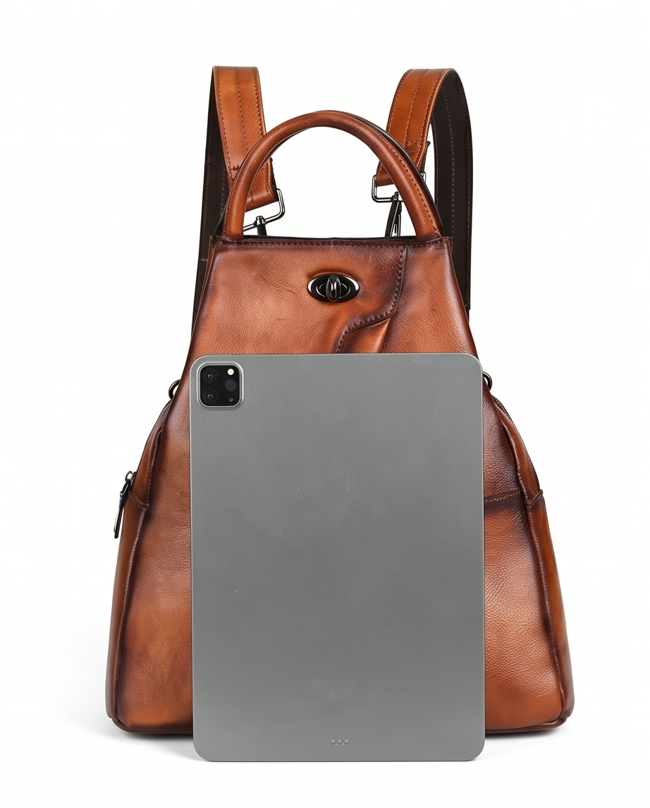 Q-WHISPER Retro Genuine Leather Backpack for Women – Convertible Shoulder Bag, Crossbody, Travel