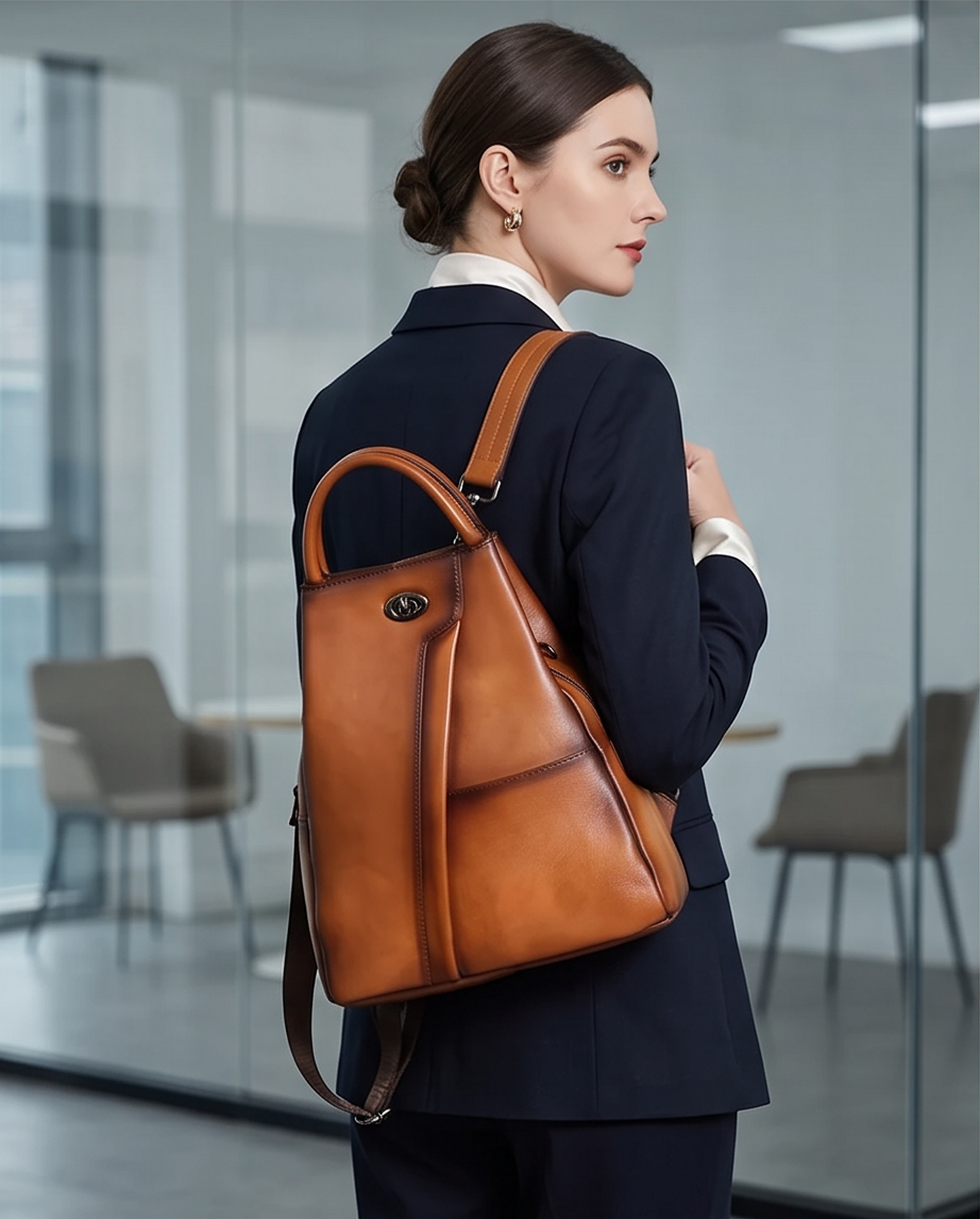 Q-WHISPER Retro Genuine Leather Backpack for Women – Convertible Shoulder Bag, Crossbody, Travel