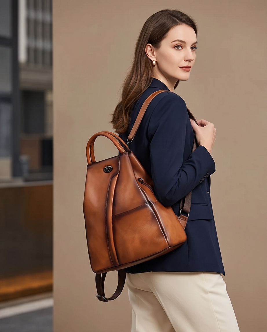 Q-WHISPER Retro Genuine Leather Backpack for Women – Convertible Shoulder Bag, Crossbody, Travel