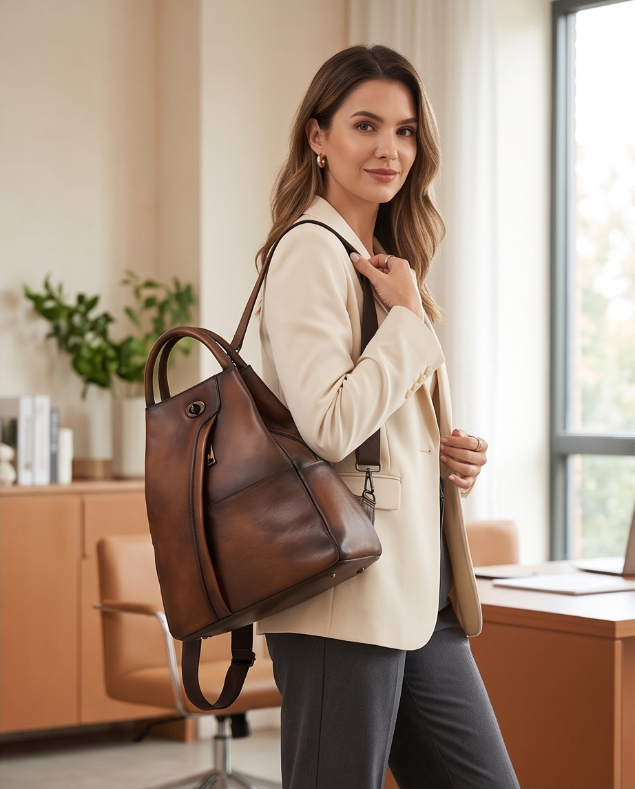 Q-WHISPER Retro Genuine Leather Backpack for Women – Convertible Shoulder Bag, Crossbody, Travel