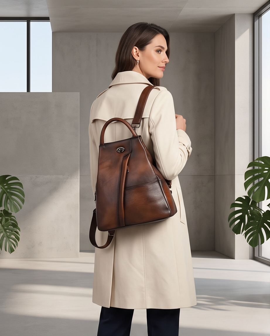 Q-WHISPER Retro Genuine Leather Backpack for Women – Convertible Shoulder Bag, Crossbody, Travel