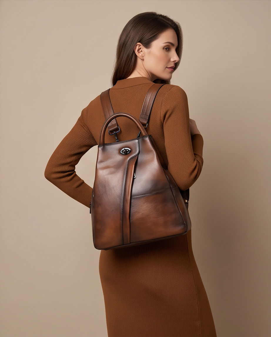 Q-WHISPER Retro Genuine Leather Backpack for Women – Convertible Shoulder Bag, Crossbody, Travel