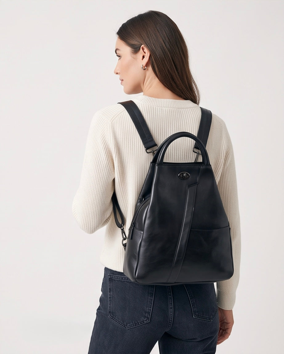 Q-WHISPER Retro Genuine Leather Backpack for Women – Convertible Shoulder Bag, Crossbody, Travel