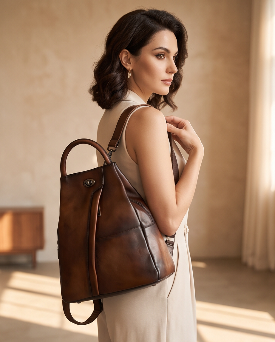 Q-WHISPER Retro Genuine Leather Backpack for Women – Convertible Shoulder Bag, Crossbody, Travel