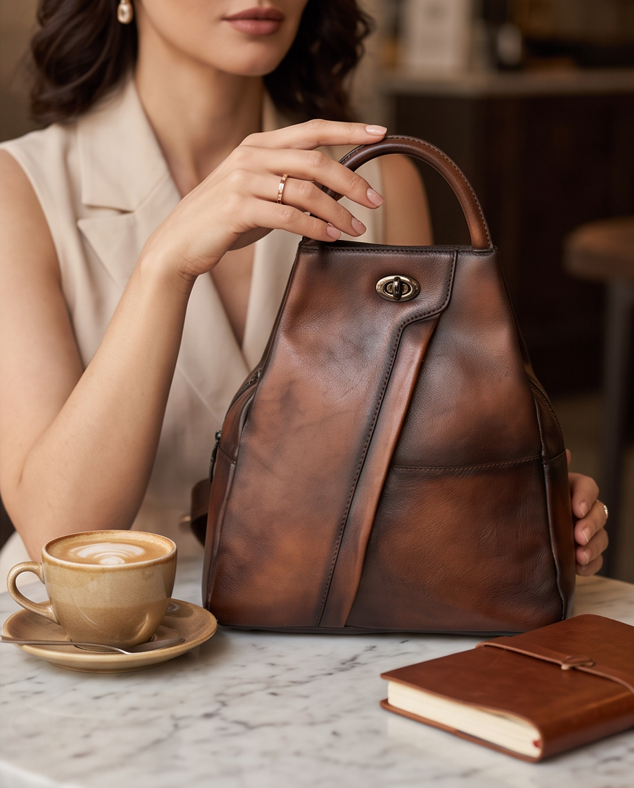 Q-WHISPER Retro Genuine Leather Backpack for Women – Convertible Shoulder Bag, Crossbody, Travel