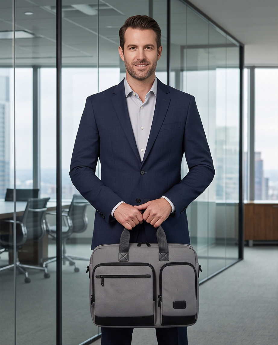 Q-ATTACHE Ballistic Nylon & Leather Briefcase – Laptop Compartment, Waterproof, Business Travel