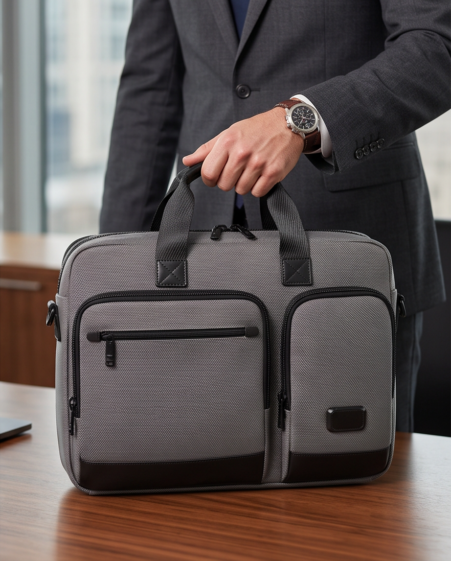 Q-ATTACHE Ballistic Nylon & Leather Briefcase – Laptop Compartment, Waterproof, Business Travel