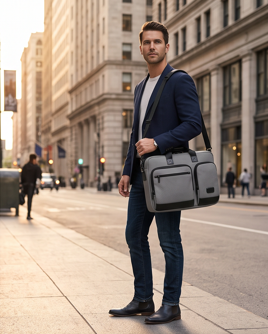 Q-ATTACHE Ballistic Nylon & Leather Briefcase – Laptop Compartment, Waterproof, Business Travel