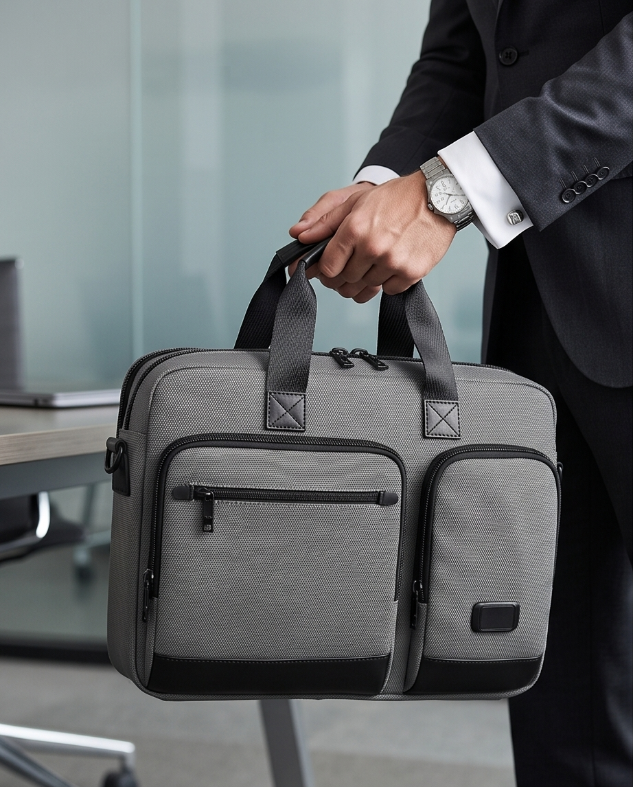 Q-ATTACHE Ballistic Nylon & Leather Briefcase – Laptop Compartment, Waterproof, Business Travel
