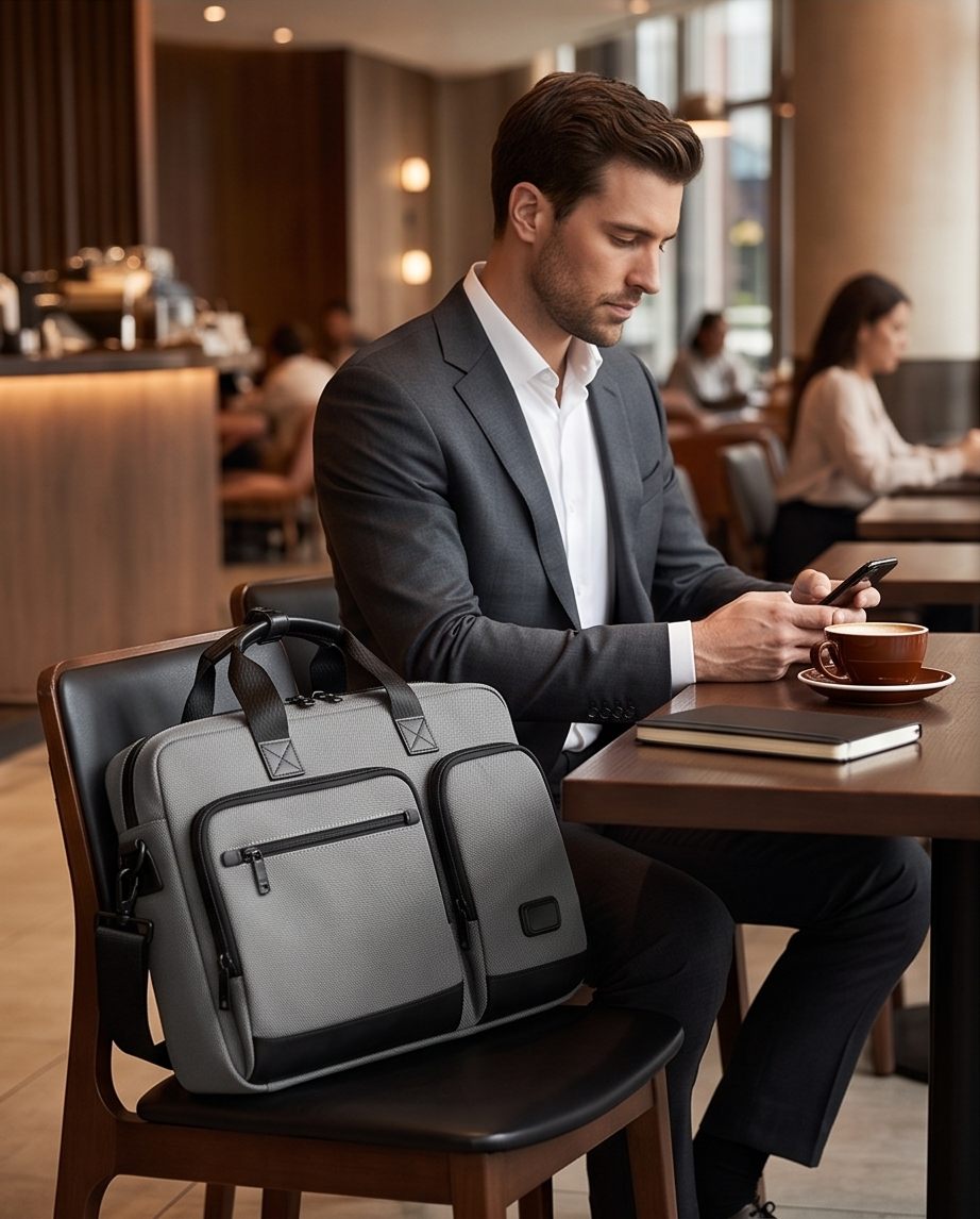 Q-ATTACHE Ballistic Nylon & Leather Briefcase – Laptop Compartment, Waterproof, Business Travel
