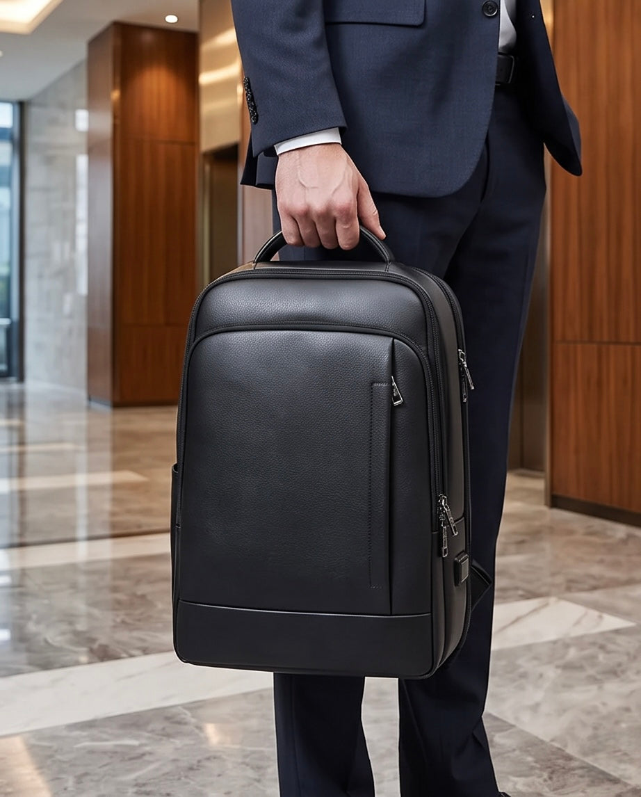 Q-ULTIMATE Genuine Leather Backpack – Anti-Theft, USB Charging & Laptop Compartment