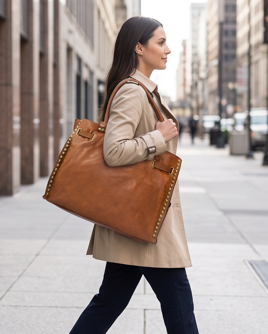 Q-CACHE Smooth Italian Calfskin Leather Bag – Stud Detail & Antique Brass Hardware