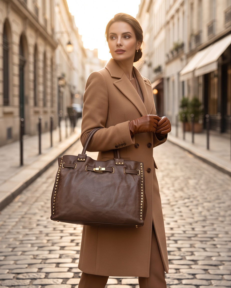 Q-CACHE Smooth Italian Calfskin Leather Bag – Stud Detail & Antique Brass Hardware