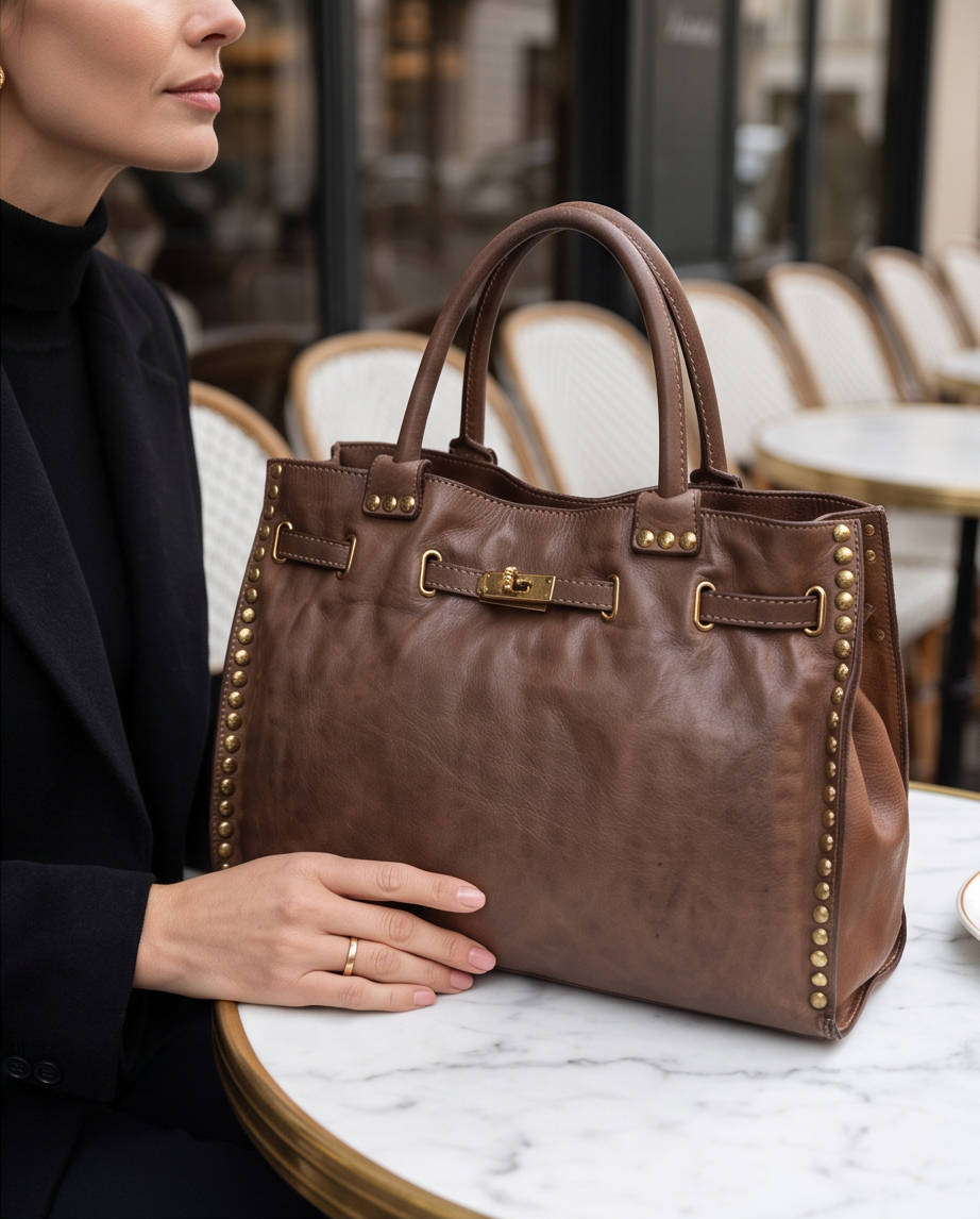 Q-CACHE Smooth Italian Calfskin Leather Bag – Stud Detail & Antique Brass Hardware