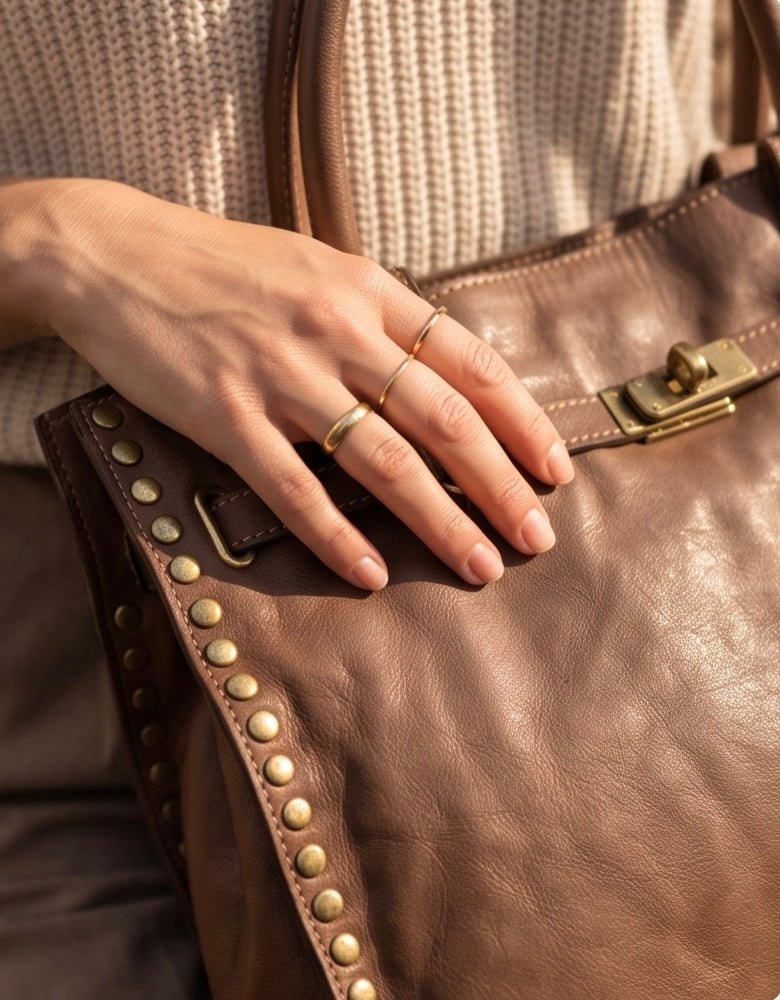 Q-CACHE Smooth Italian Calfskin Leather Bag – Stud Detail & Antique Brass Hardware