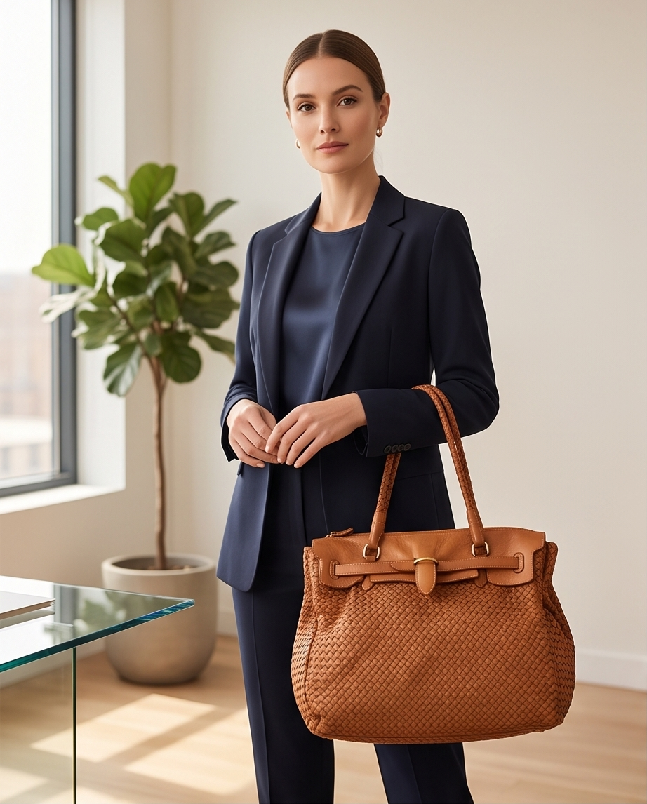 Q-LENA Women's Woven Italian Leather Shoulder Bag – Full-Grain Calfskin, Handmade