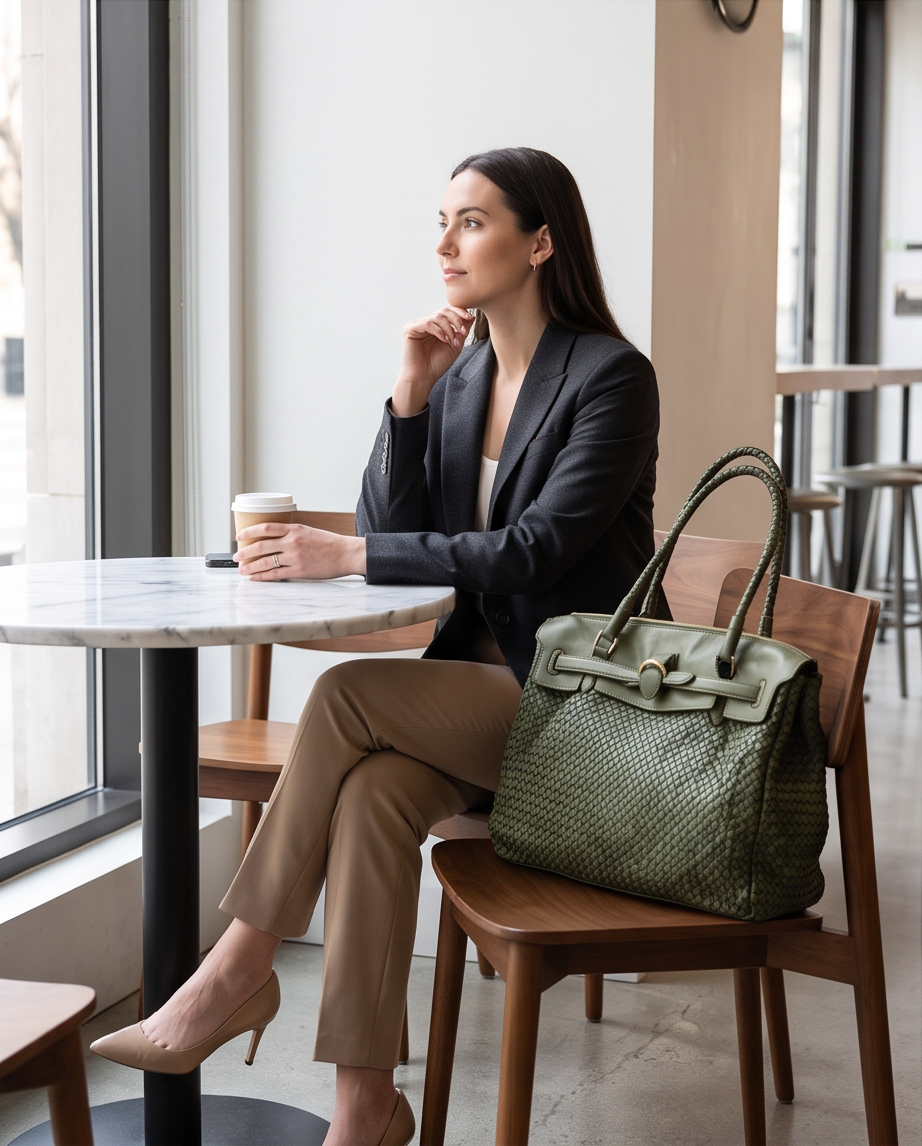 Q-LENA Women's Woven Italian Leather Shoulder Bag – Full-Grain Calfskin, Handmade