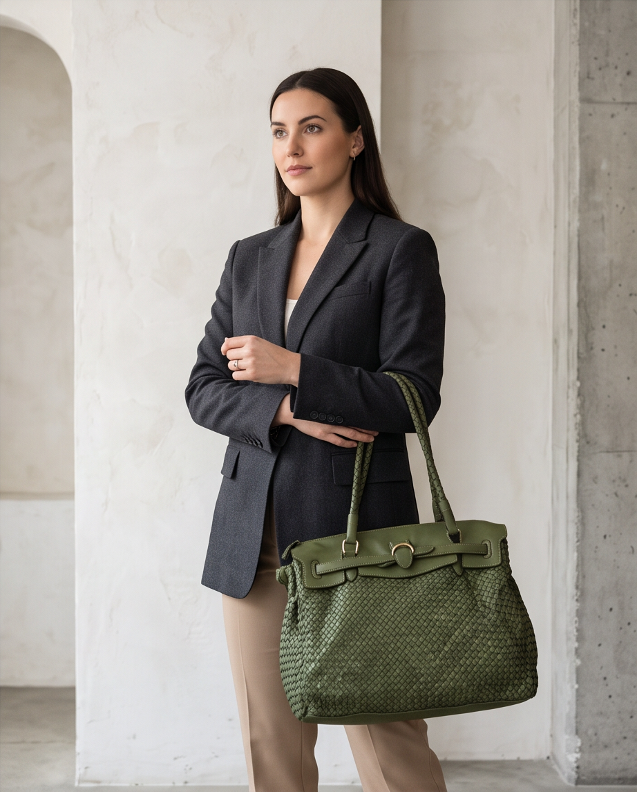 Q-LENA Women's Woven Italian Leather Shoulder Bag – Full-Grain Calfskin, Handmade