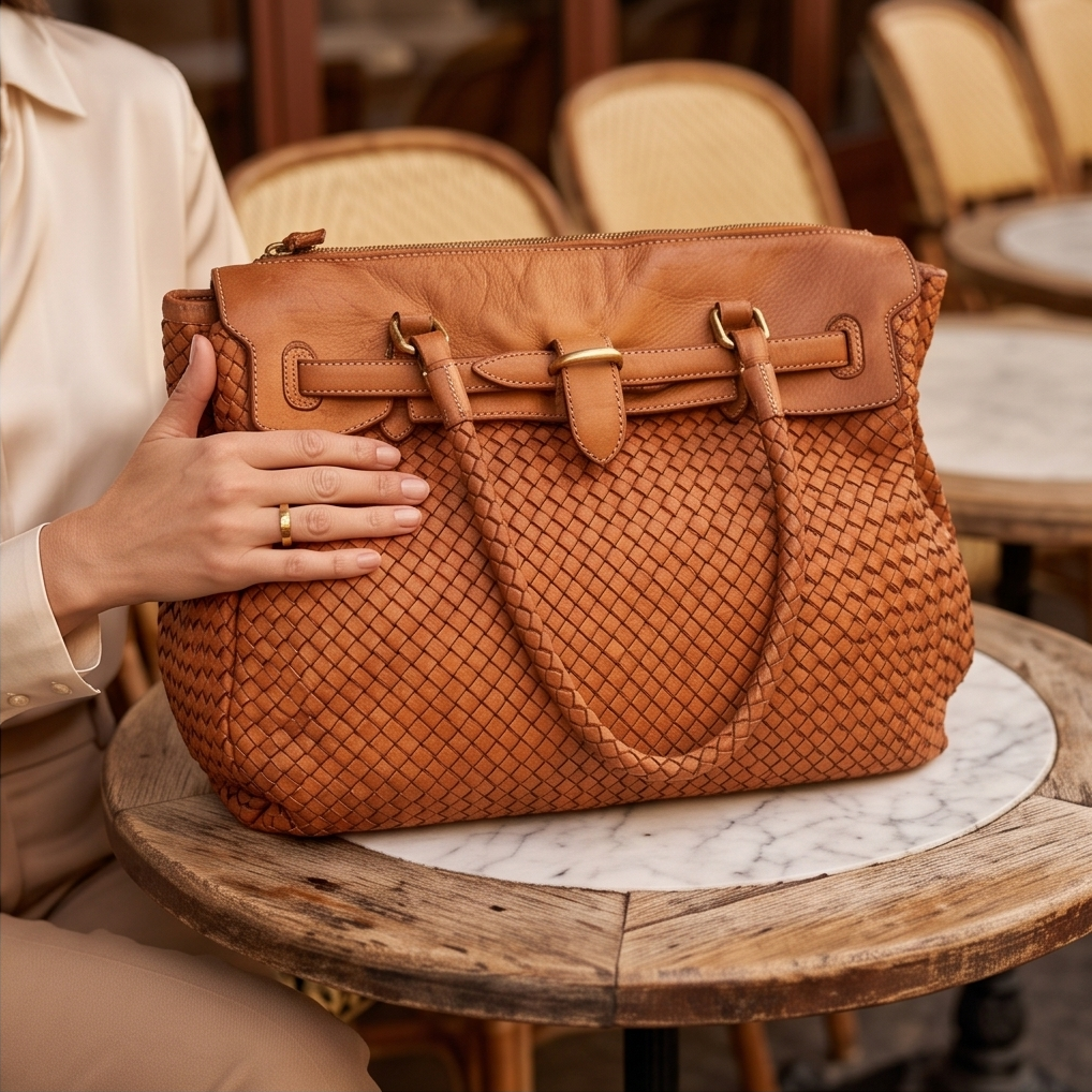 Q-LENA Women's Woven Italian Leather Shoulder Bag – Full-Grain Calfskin, Handmade