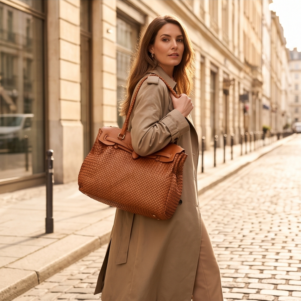 Q-LENA Women's Woven Italian Leather Shoulder Bag – Full-Grain Calfskin, Handmade