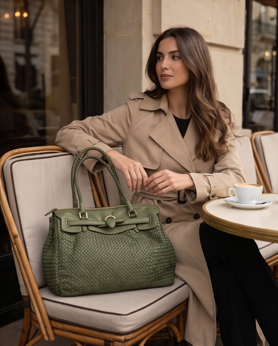 Q-LENA Women's Woven Italian Leather Shoulder Bag – Full-Grain Calfskin, Handmade