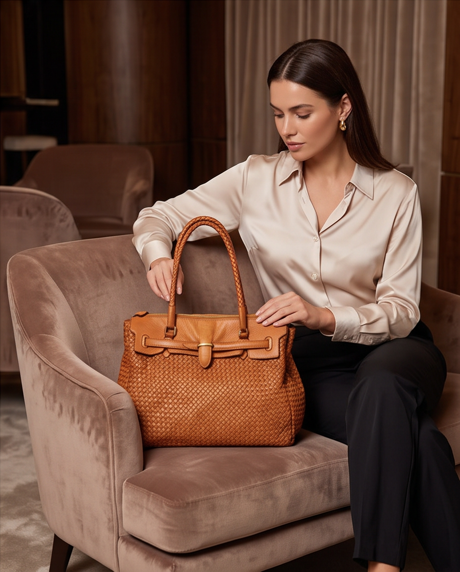Q-LENA Women's Woven Italian Leather Shoulder Bag – Full-Grain Calfskin, Handmade