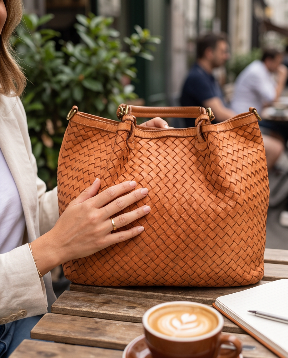 Q-SABLE Italian Leather Shopper Bag – Braided Detail & Full-Grain Calfskin