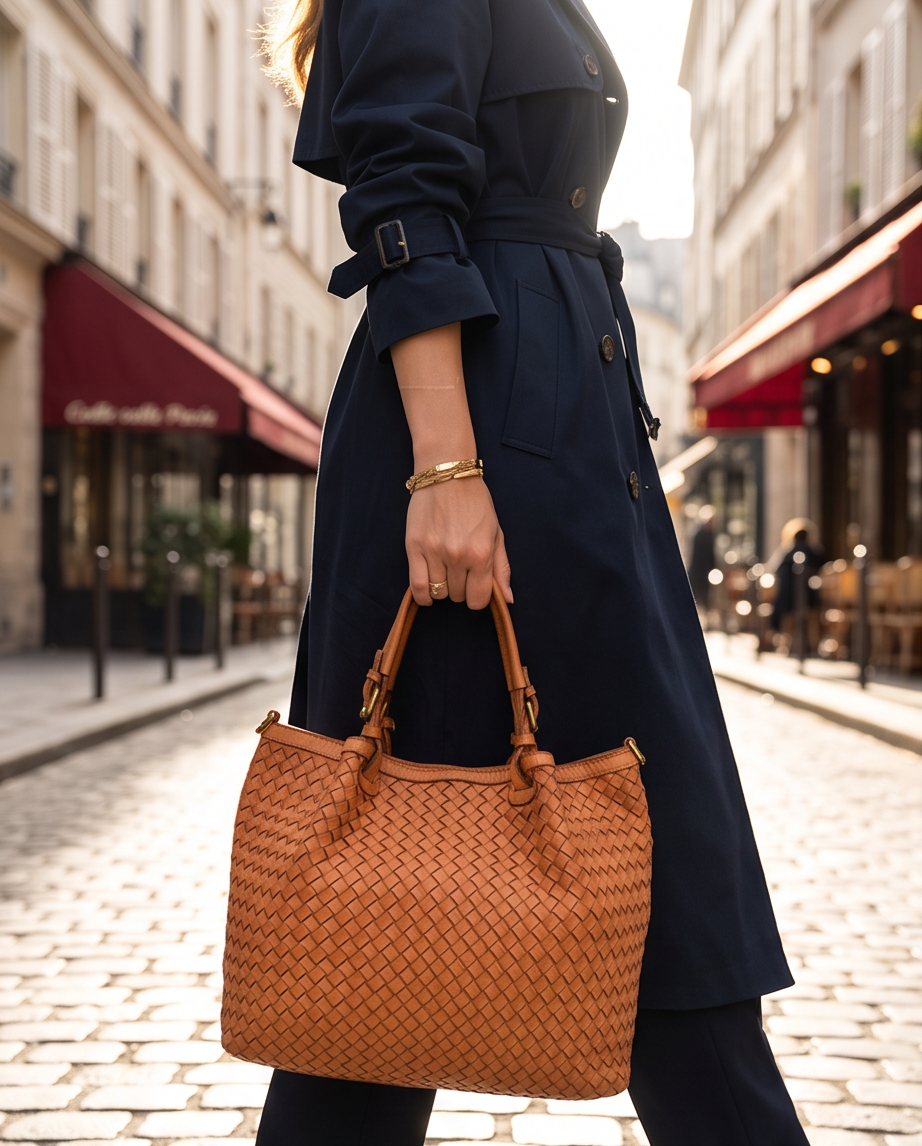 Q-SABLE Italian Leather Shopper Bag – Braided Detail & Full-Grain Calfskin