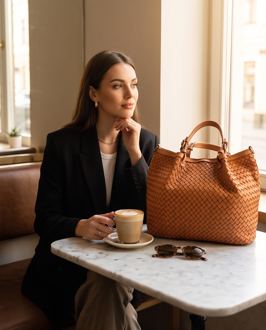 Q-SABLE Italian Leather Shopper Bag – Braided Detail & Full-Grain Calfskin