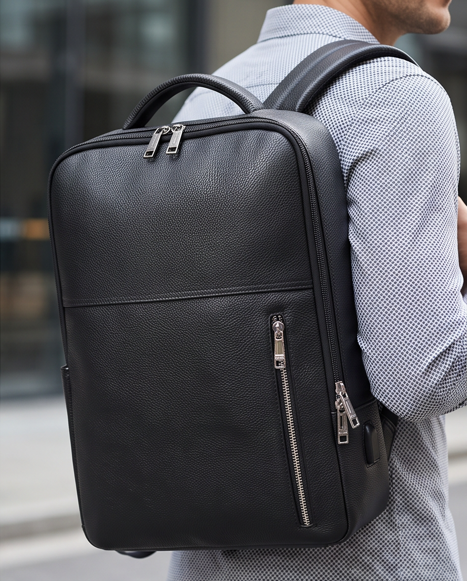 Q-ELITE Genuine Leather Backpack – Anti-Theft, USB Charging & TSA-Friendly