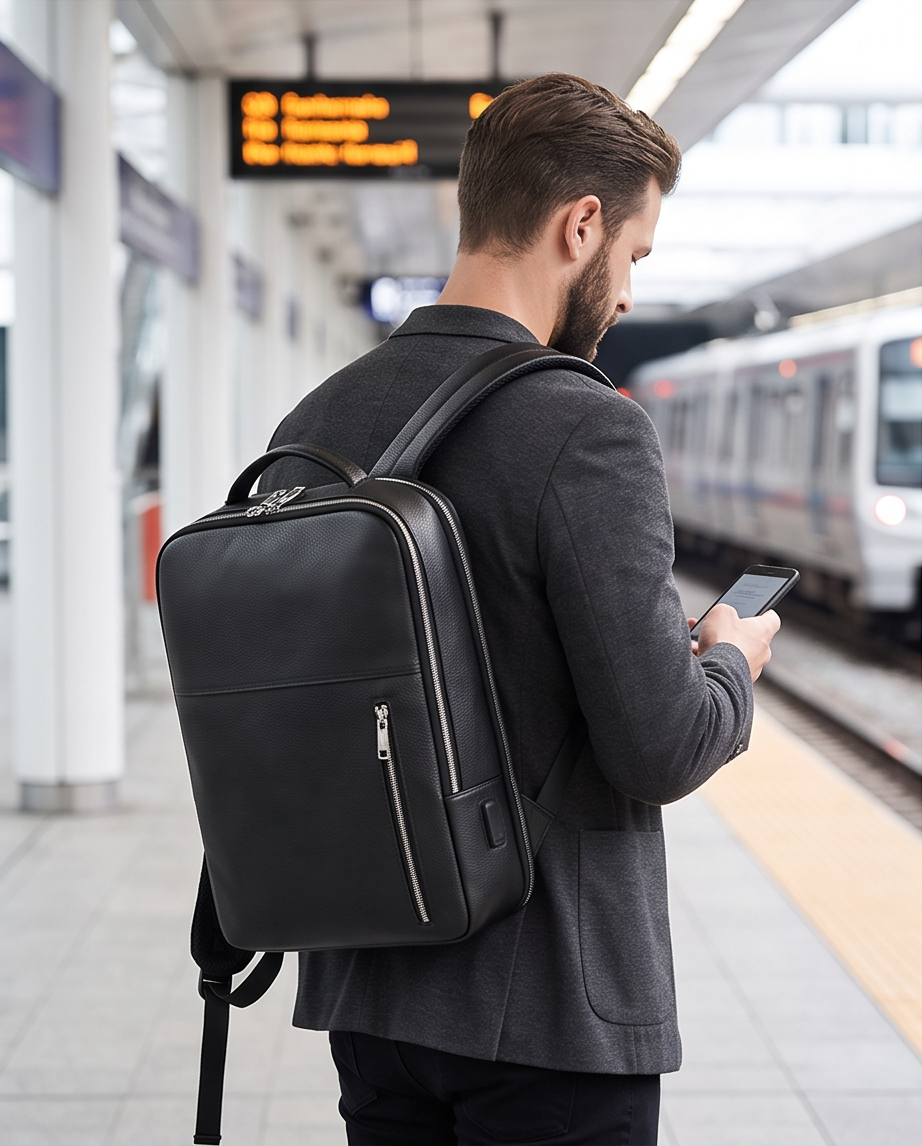 Q-ELITE Genuine Leather Backpack – Anti-Theft, USB Charging & TSA-Friendly